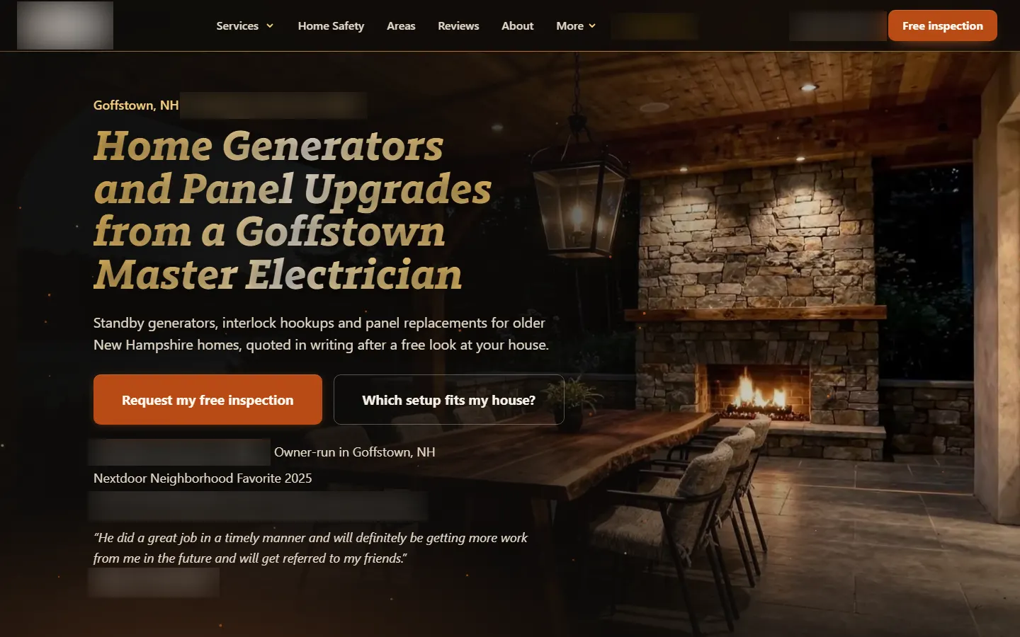 Concept website hero reading Home Generators and Panel Upgrades from a Goffstown Master Electrician beside a stone fireplace in a warm dining room