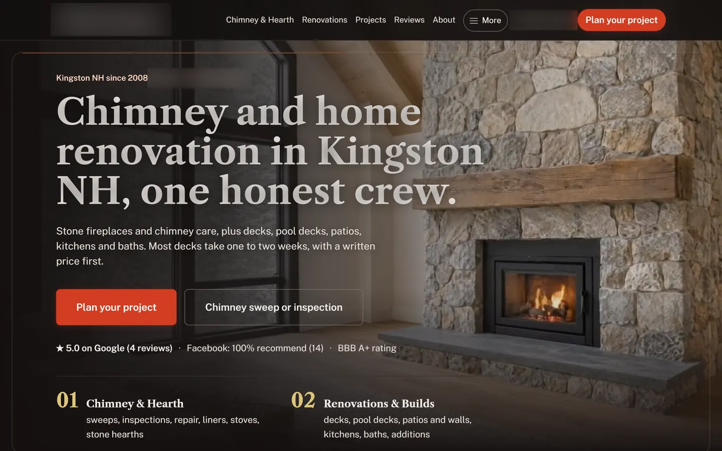 Concept website hero reading Chimney and home renovation in Kingston NH, one honest crew. beside a stone fireplace with a lit insert