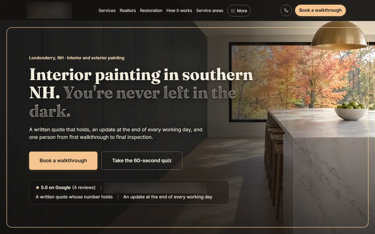 Concept website hero reading Interior painting in southern NH. You're never left in the dark. beside a bright kitchen island under a brass pendant