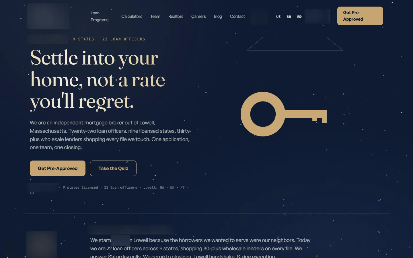Concept website hero reading Settle into your home, not a rate you'll regret. beside a large gold key on a starry navy background