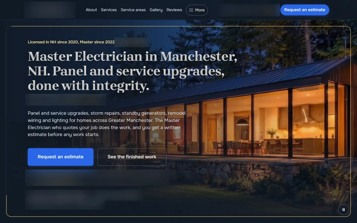 Concept website hero reading Master Electrician in Manchester, NH. Panel and service upgrades, done with integrity. over a lit house in the pines at dusk