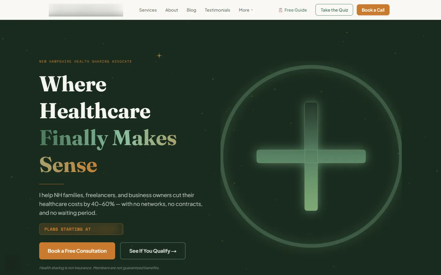 Concept website hero reading Where Healthcare Finally Makes Sense beside a glowing green cross in a circle on deep green