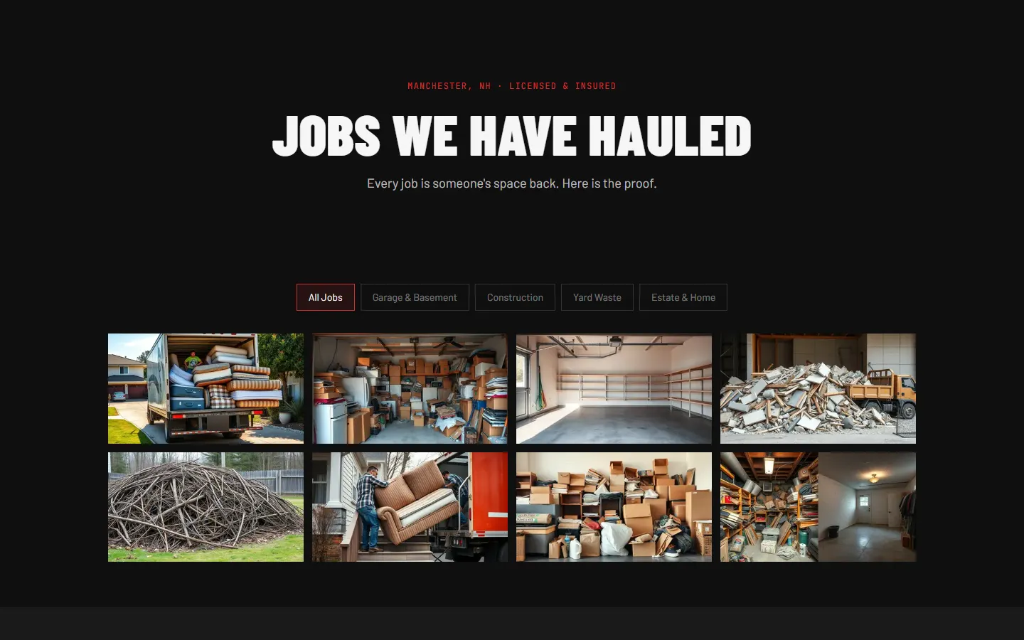 Concept website gallery titled Jobs We Have Hauled with filters for garage, construction, yard waste and estate jobs over eight photos of loaded trucks, cluttered garages and debris piles