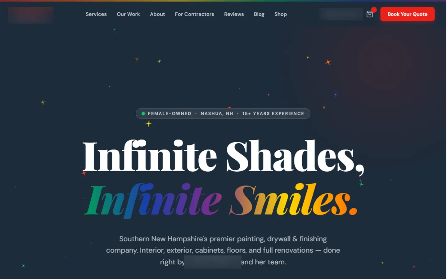 Concept website hero reading Infinite Shades, Infinite Smiles. in white and rainbow type on navy with small colored sparkles