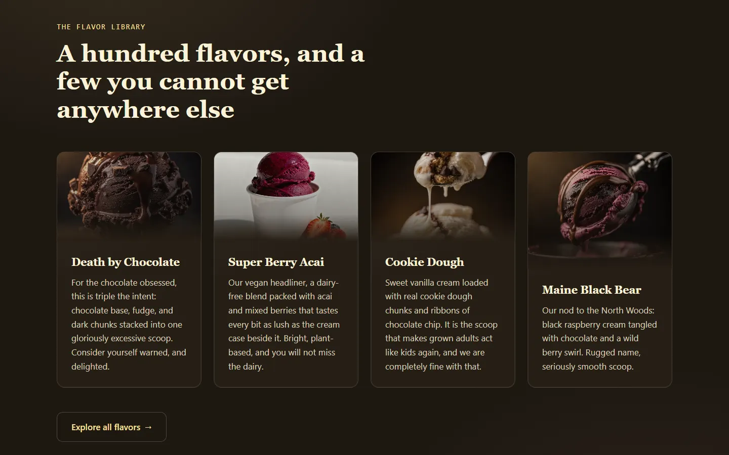 Concept website flavor library titled A hundred flavors, and a few you cannot get anywhere else, with photo cards for Death by Chocolate, Super Berry Acai, Cookie Dough and Maine Black Bear