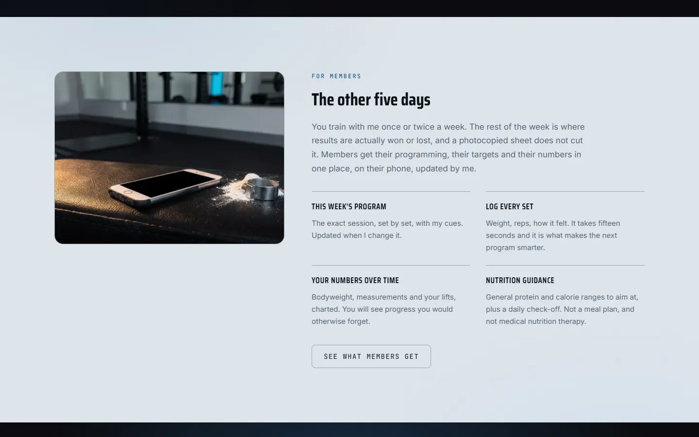 Concept website section titled The other five days, with a phone resting on a gym bench beside four members features: this week's program, log every set, your numbers over time and nutrition guidance