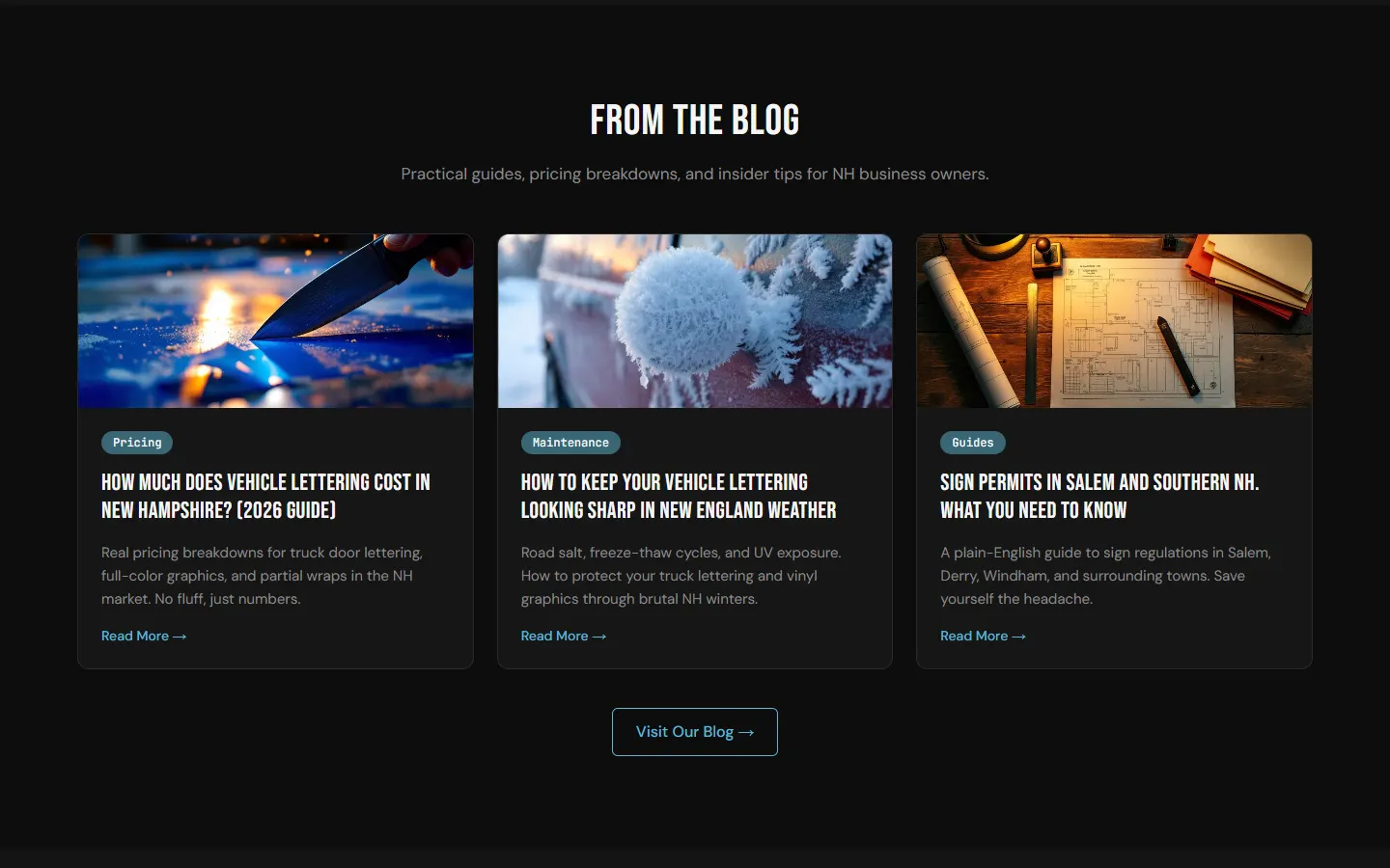 Concept website blog section titled From the Blog with three photo cards: what vehicle lettering costs in New Hampshire, keeping lettering sharp through New England winters, and sign permits in Salem and southern NH