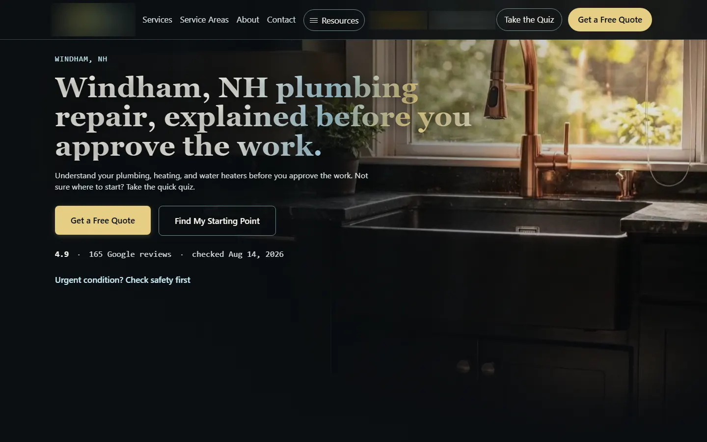 Concept website hero reading Windham, NH plumbing repair, explained before you approve the work. beside a copper faucet over a farmhouse sink