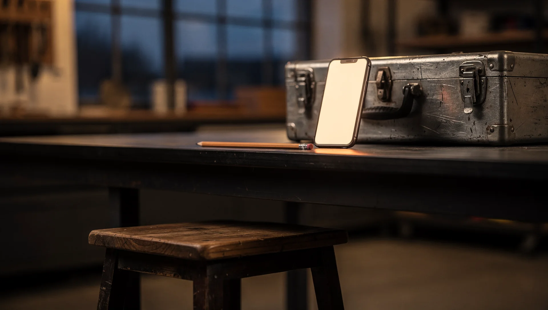 A phone leaning against a metal toolbox on a dark workbench with a pencil at dusk