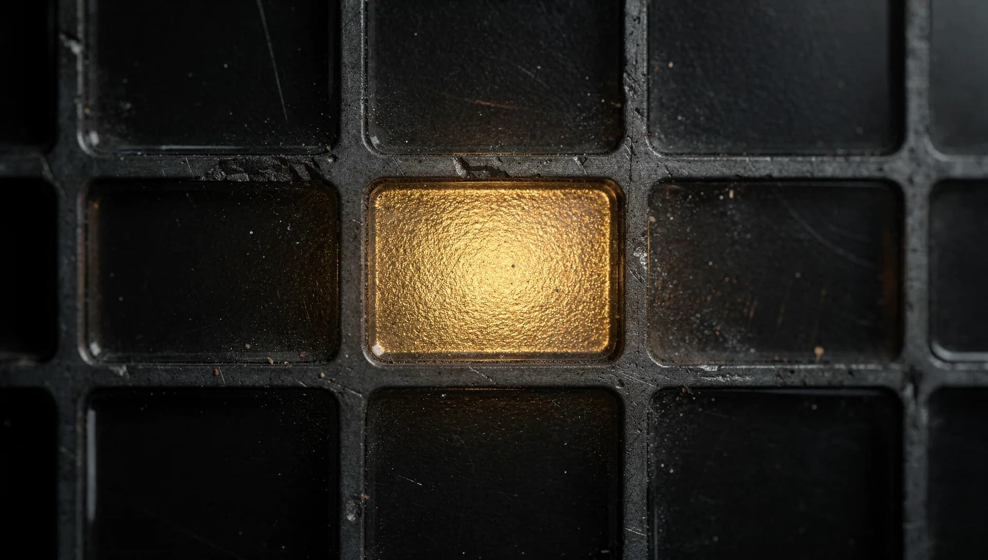 A dark grid of recessed calendar cells with one cell glowing warm gold