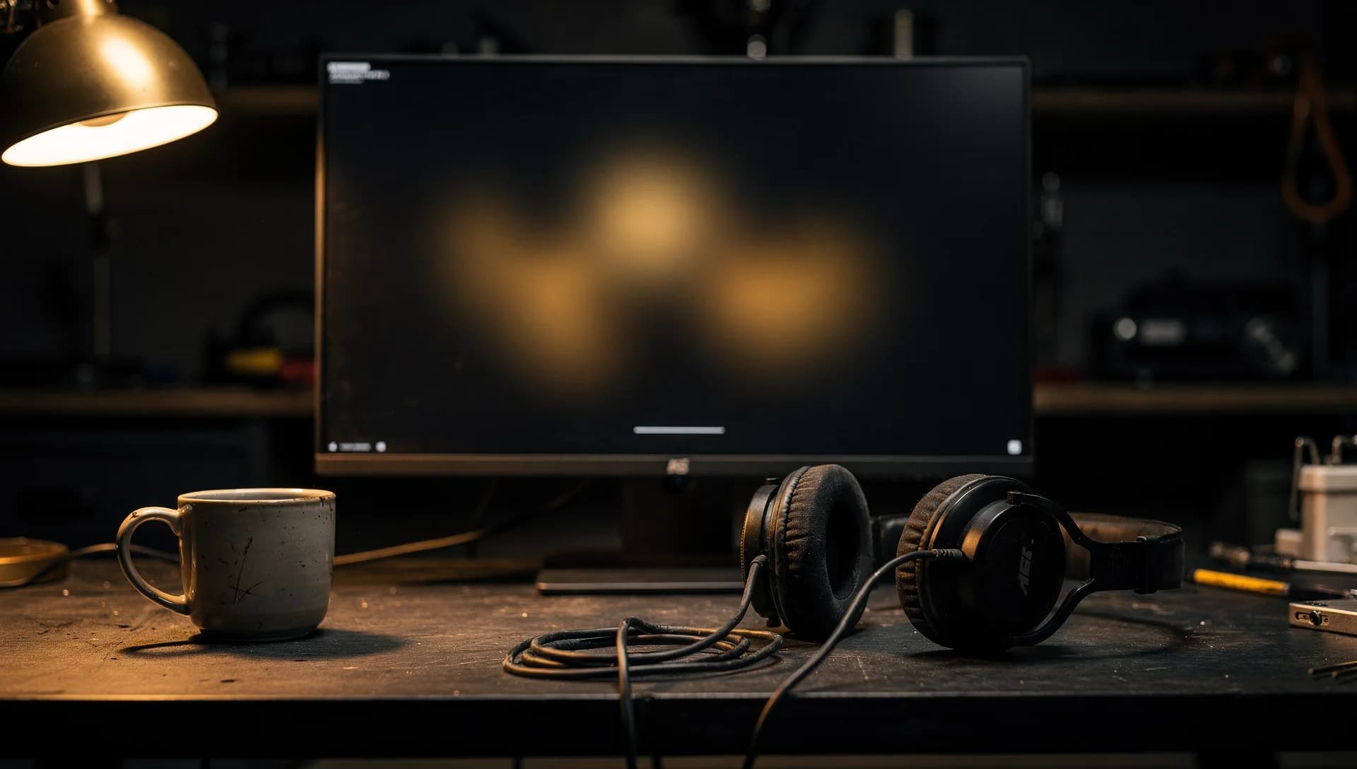 A dark monitor with blurred gold interface glow beside headphones and a mug on a workbench