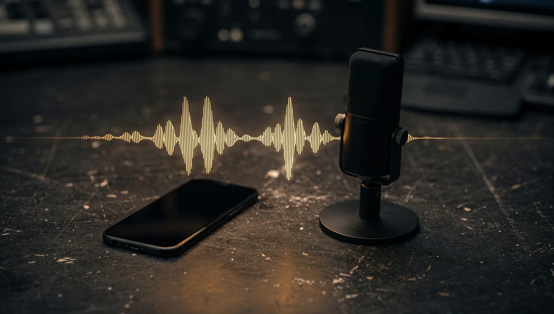 A studio microphone and phone on a dark desk joined by a glowing gold voice waveform