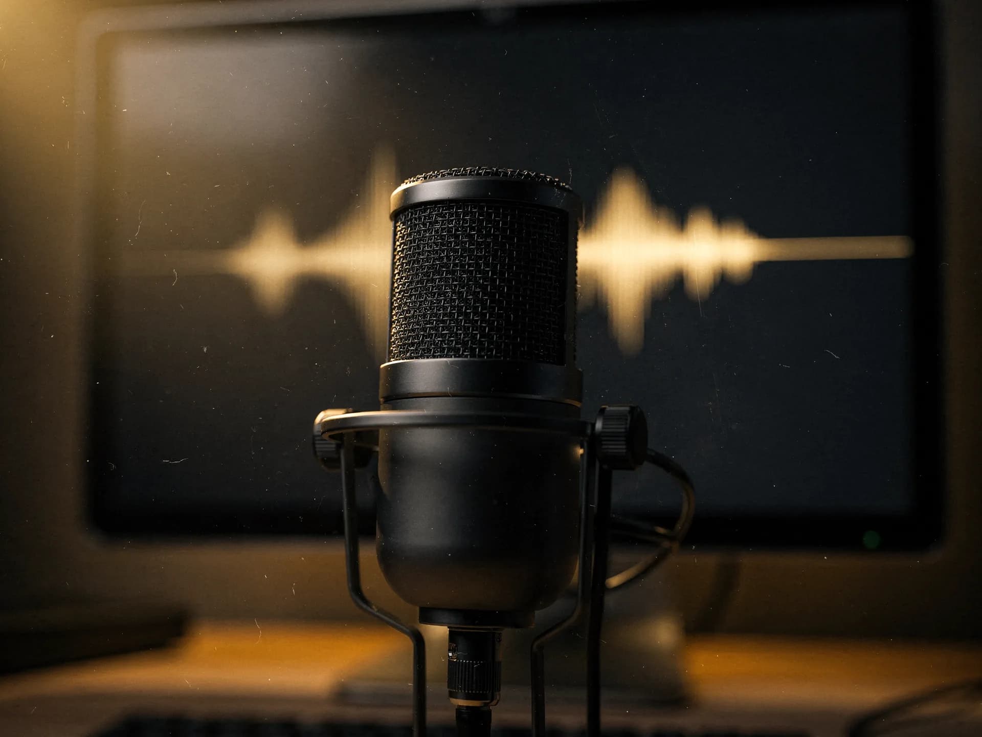 A black studio microphone in a shock mount in front of a monitor showing a soft gold waveform across a dark screen