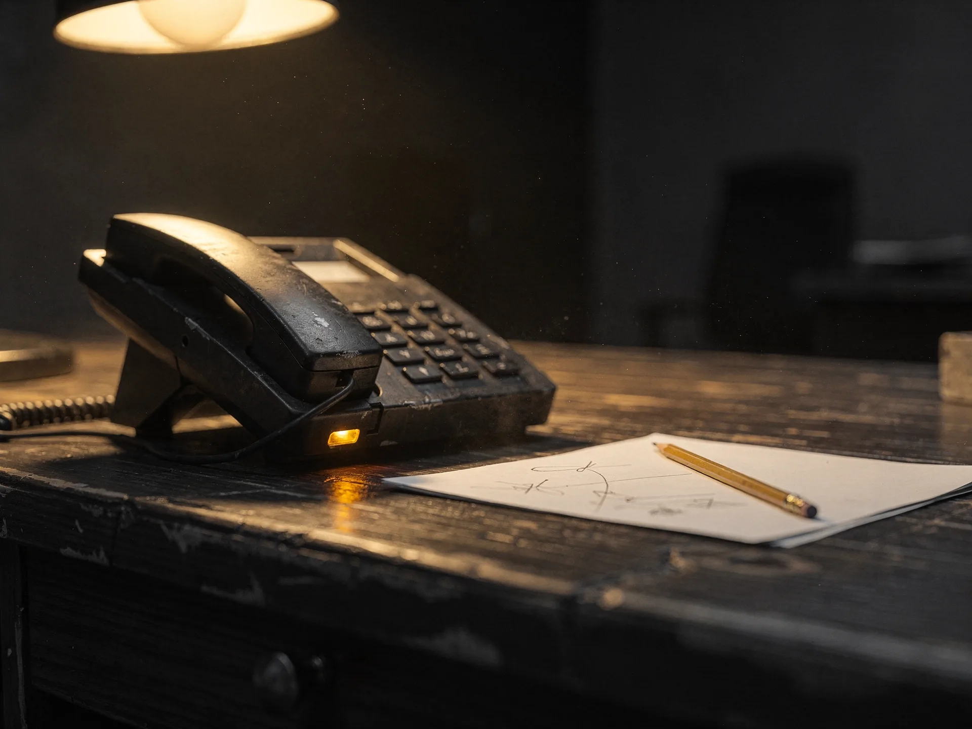 A worn black desk phone with one amber light glowing at its base beside a sheet of paper with pencil scribbles and a pencil, on a dark wooden desk under a lamp