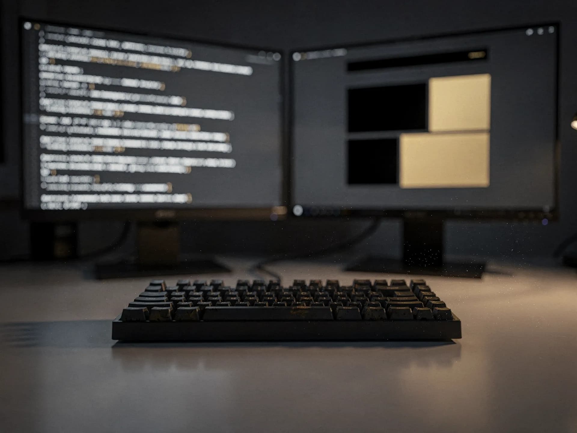 Two monitors behind a black keyboard, one filled with blurred lines of code and the other showing a gold block wireframe