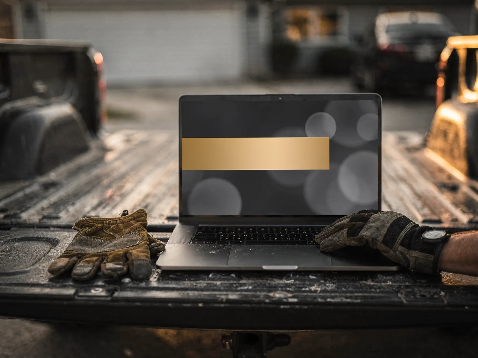 Open laptop on a truck tailgate at dusk showing one gold bar on a dark screen, a gloved hand resting on the keyboard and a second glove beside it