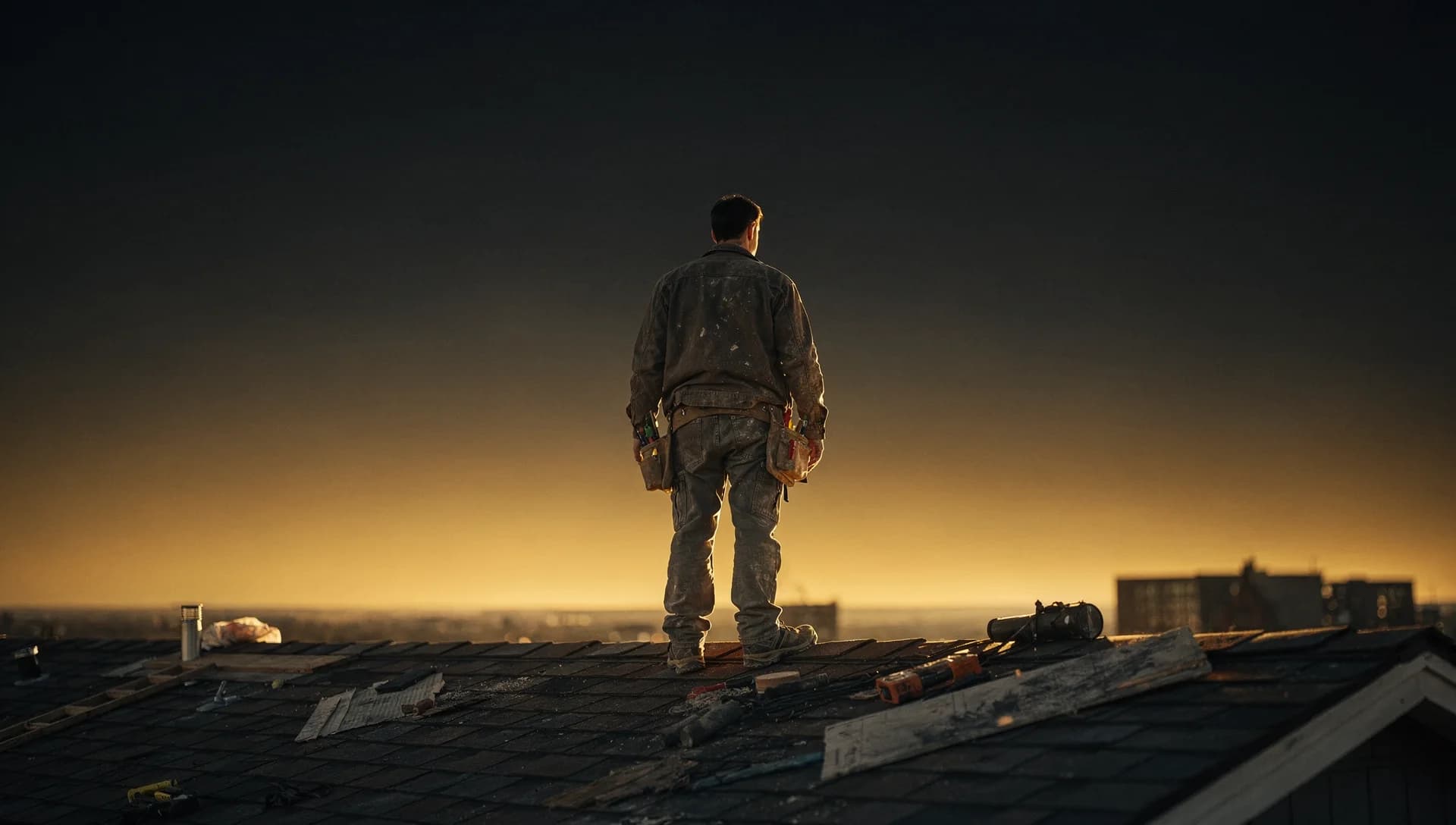 Tradesman standing on a dusk rooftop ridge facing a gold horizon