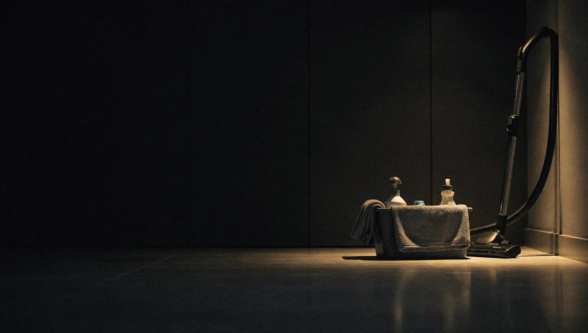 At dusk a gold light catches a caddy of cleaning supplies, a cloth, and an upright vacuum on a clean floor that faintly reflects the light, the left side of the room falling into shadow.