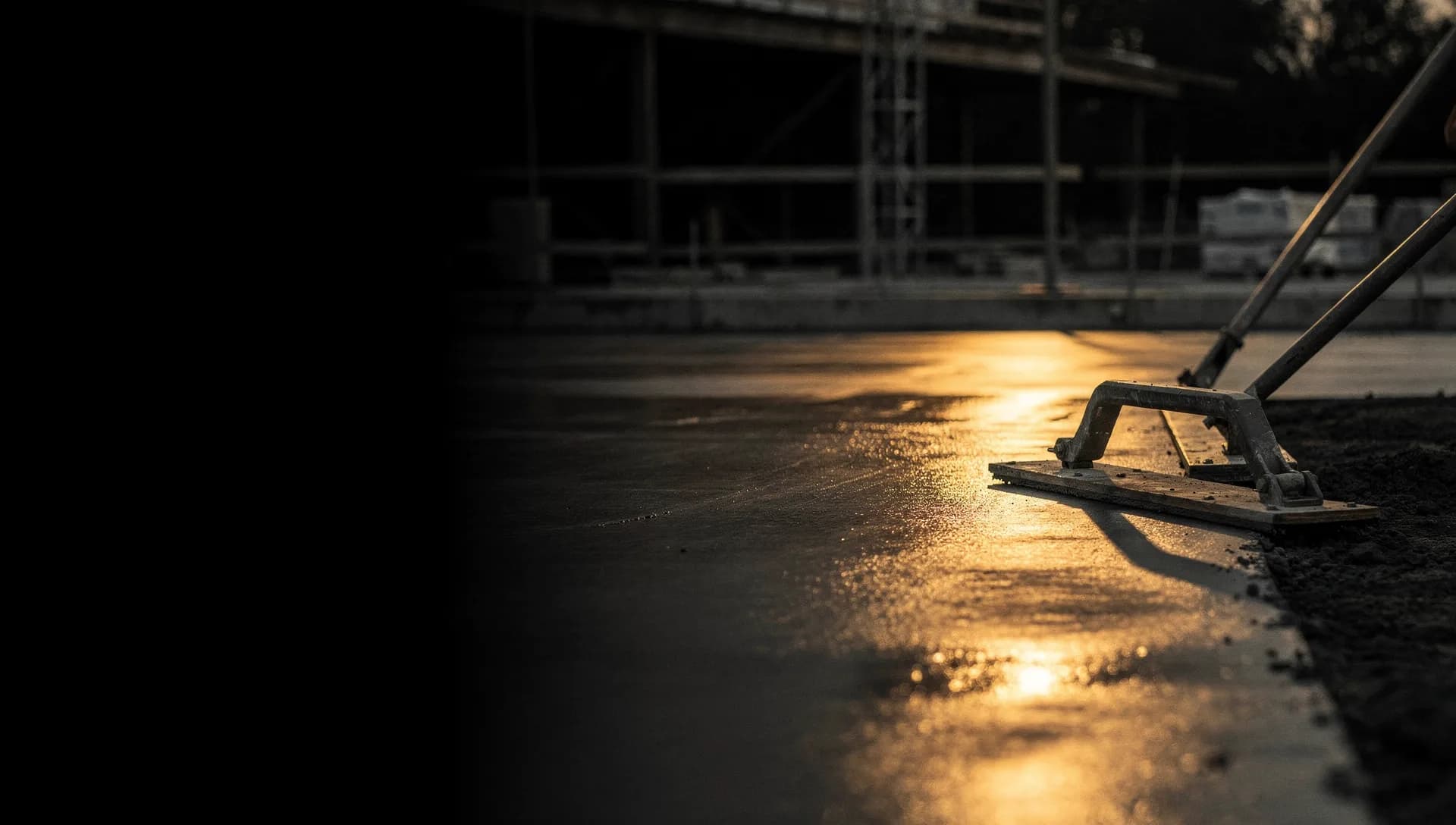 At dusk a gold light rakes across a freshly floated concrete slab with a bull float and screed board at the edge, the smooth wet surface catching the light, the left side falling into shadow.