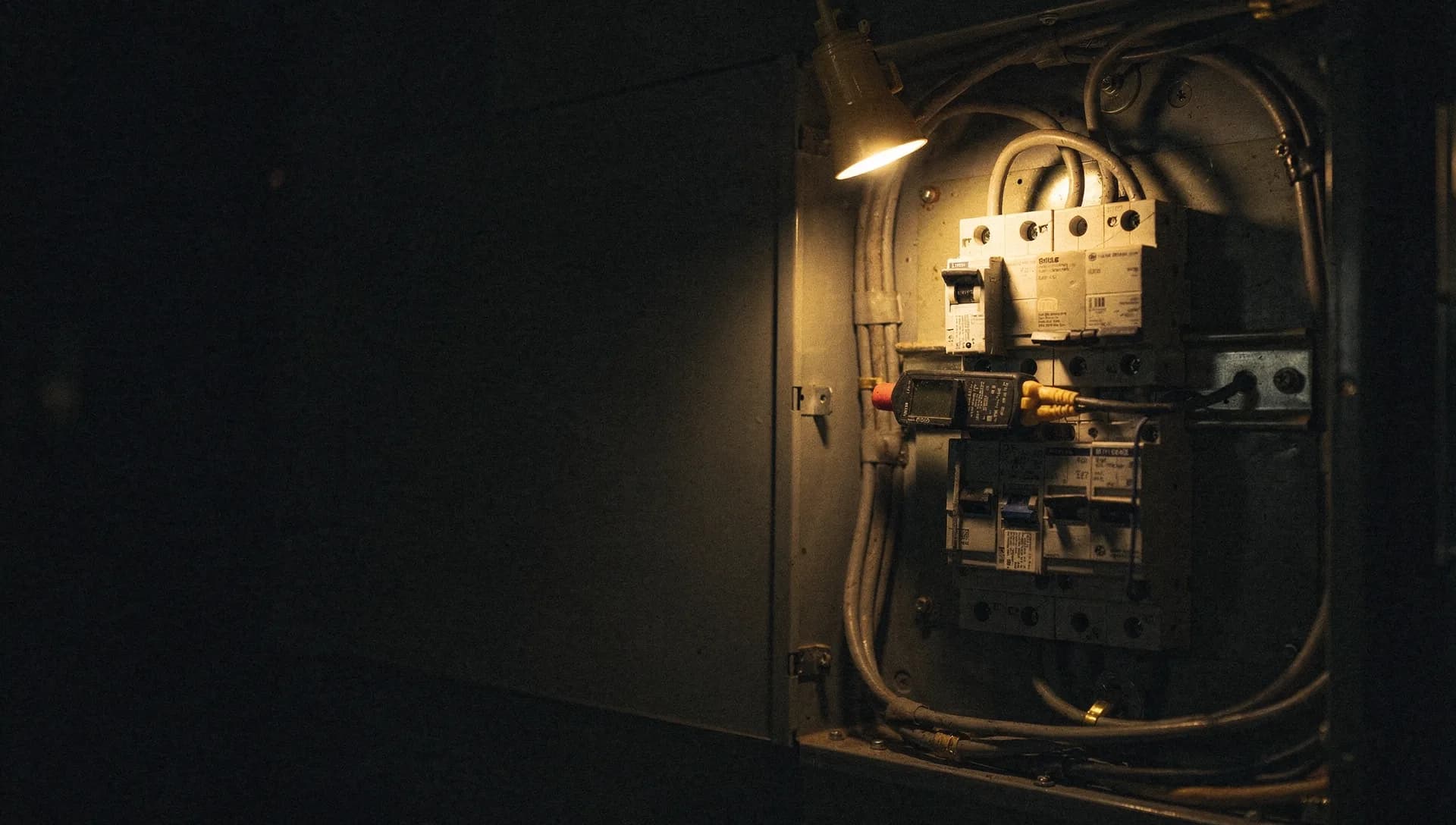 A gold work light reveals an open electrical panel with its cover off and a voltage tester across the breakers at night, wire spools beside it, the left side falling into shadow.
