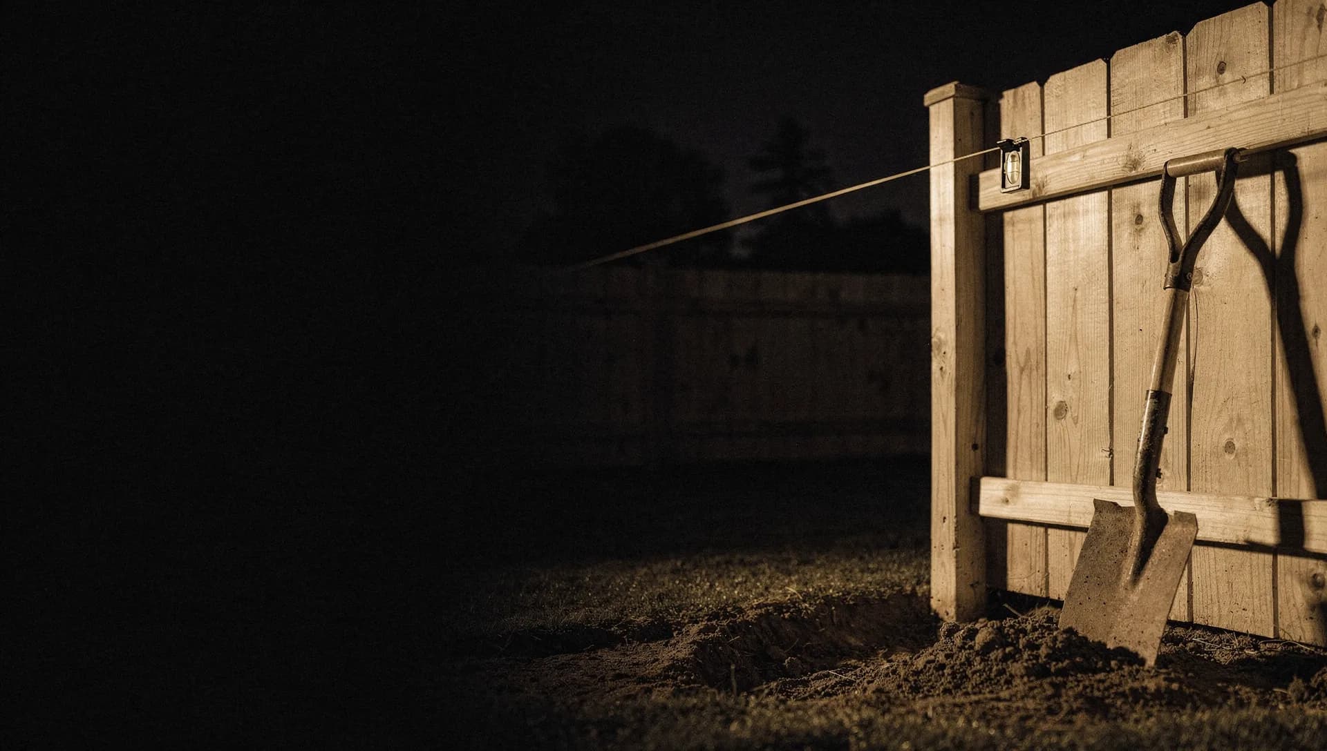 At dusk a gold light catches a taut string line running dead straight between two new fence posts, a string level and a bag of concrete at the base, the left side falling into shadow.