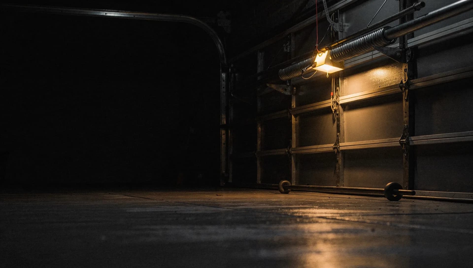 A gold light glints off a garage door torsion spring, cables, and roller track at night, a winding bar resting on the rail, the left side of the garage falling into shadow.