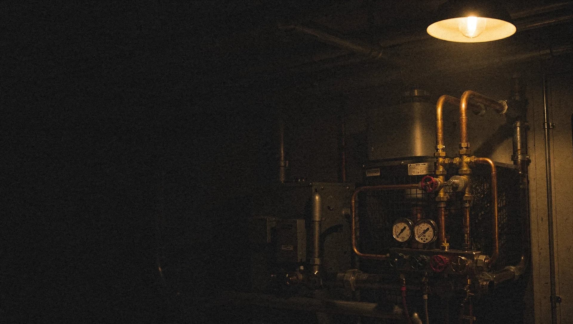 A gold work light picks out the copper lines and service valves of an HVAC condenser at night, a manifold gauge set hosed to it, the left side falling into dark shadow.