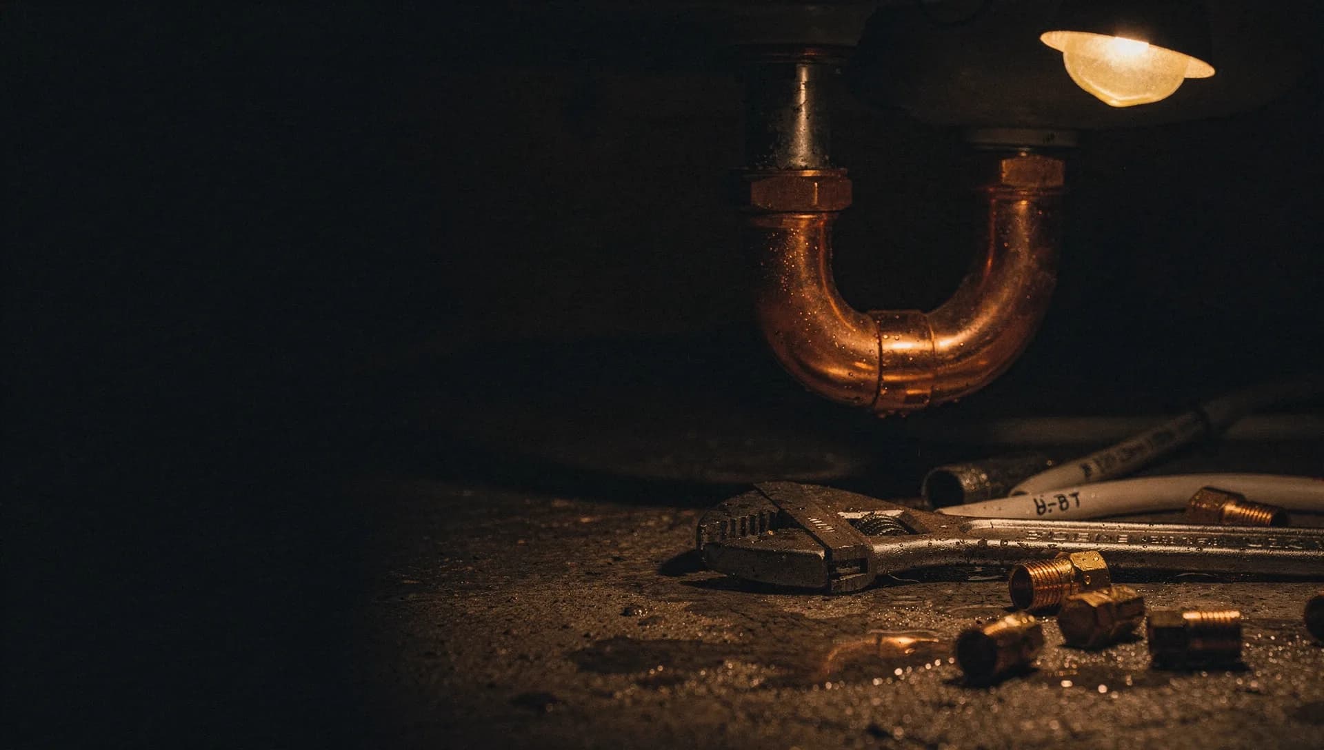 A gold drop light rakes across a copper trap, a pipe wrench, and fittings under a sink at night, water beading on the pipe, the left side sinking into shadow.