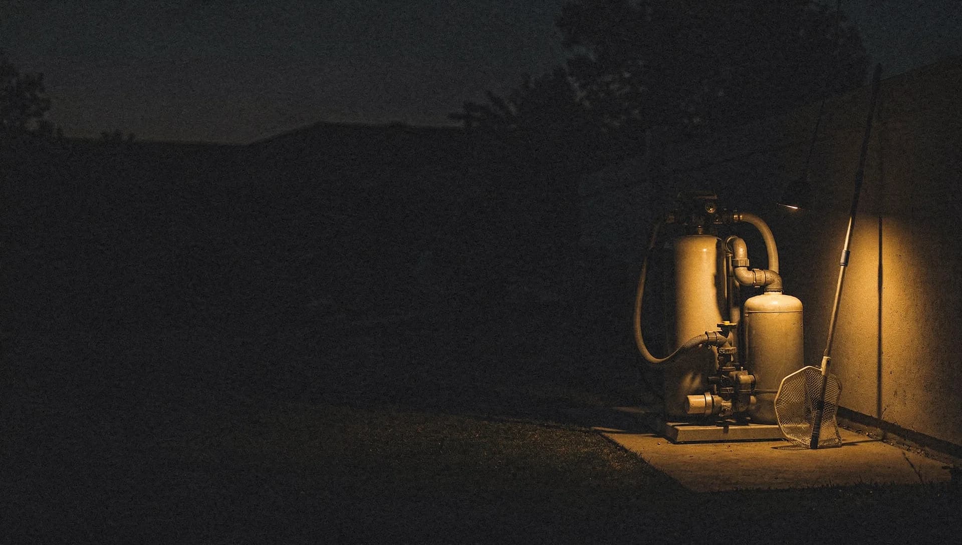 At dusk a gold light catches a pool pump and filter on the equipment pad with a pole and skimmer net leaned nearby, a faint gold reflection on the dark water, the left side falling into shadow.