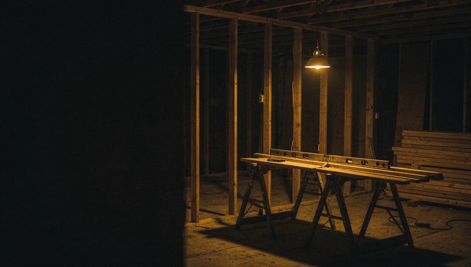 A gold work light reveals exposed wall studs, a level and framing square on a sawhorse, and stacked lumber in a home mid-remodel at night, the left side falling into shadow.