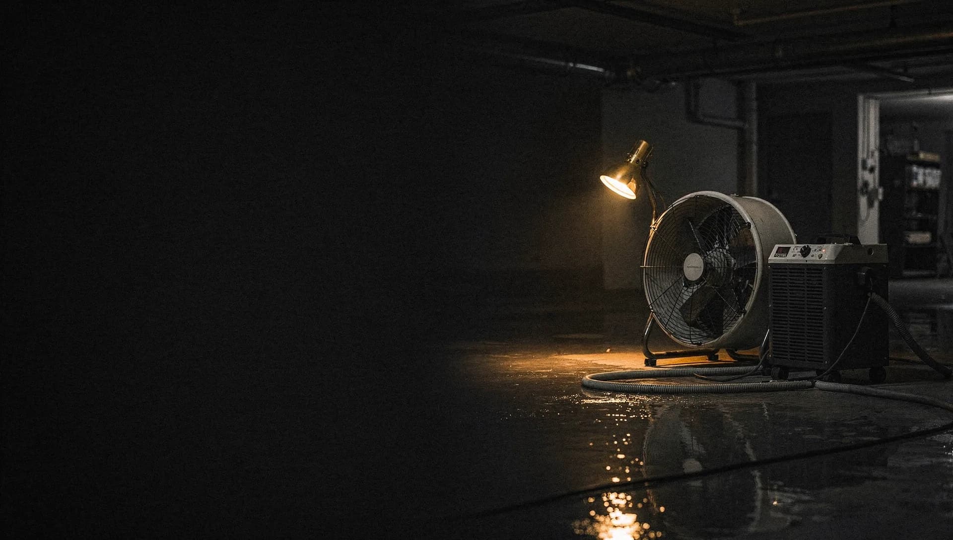 A gold work light catches an air mover and a dehumidifier with hose staged on a wet floor at night, faint reflections in the standing water, the left side of the room falling into shadow.