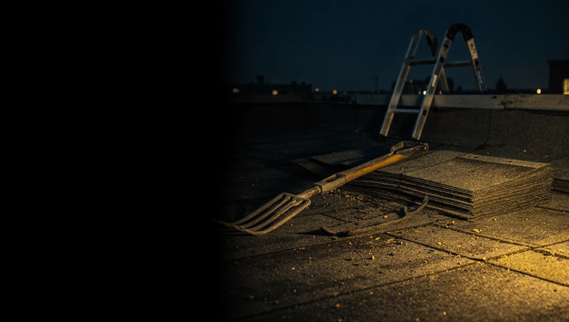 At dusk a gold light glances across a stripped roof deck with a tear-off fork and shingle bundle, a ladder hooked at the eave in silhouette against a dark sky, the left side open and shadowed.