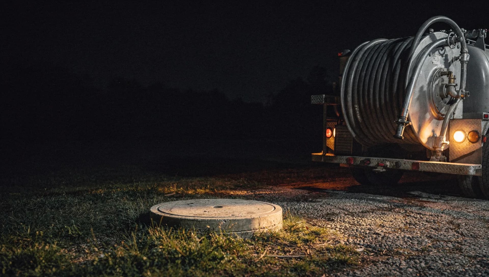 At dusk a gold light catches the coiled hose and fittings at the rear of a septic pump truck on a gravel drive, a tank lid and probe on the ground nearby, the left side falling into shadow.
