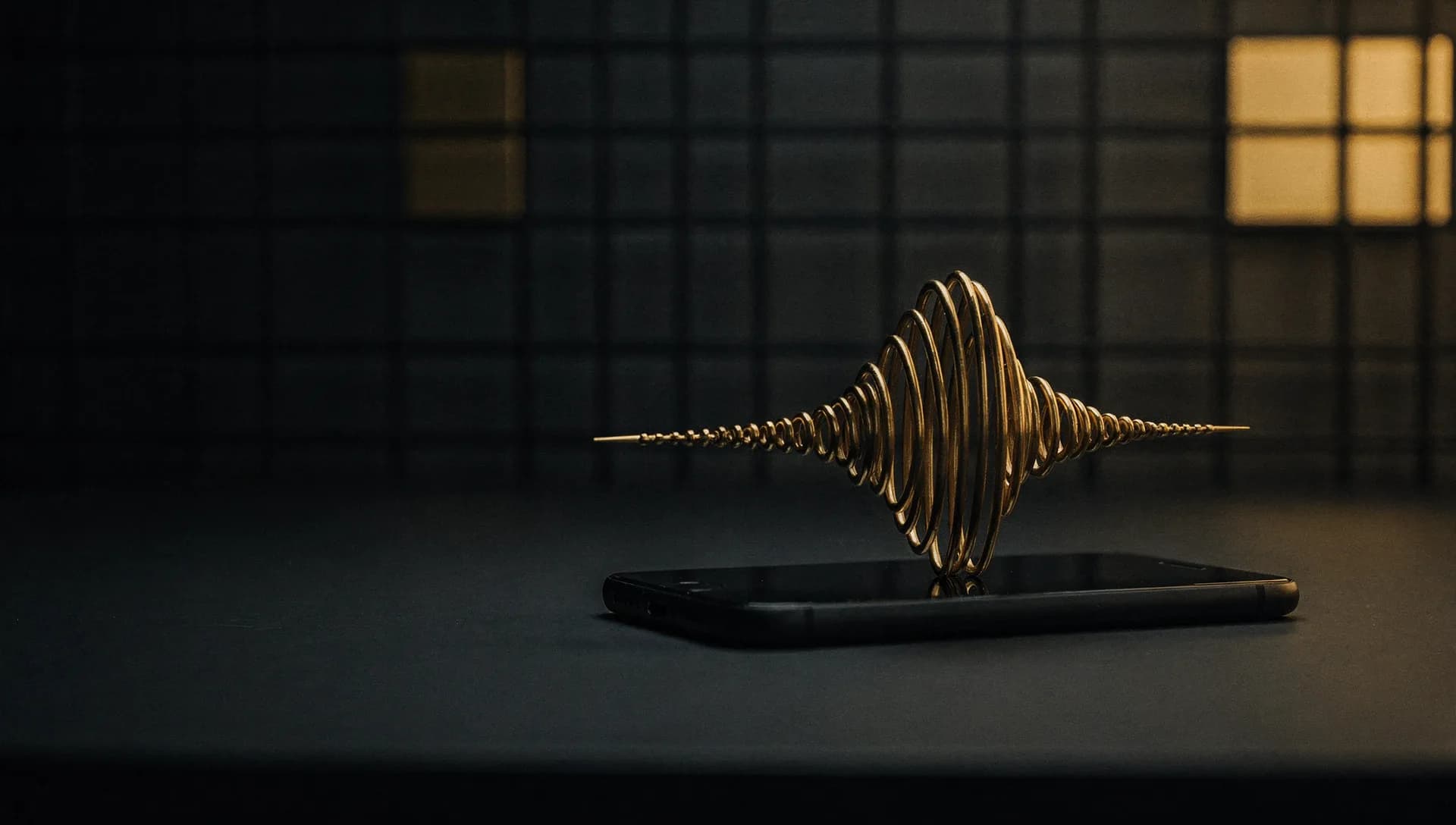 A gold voice waveform rising from a matte-black phone on a dark desk