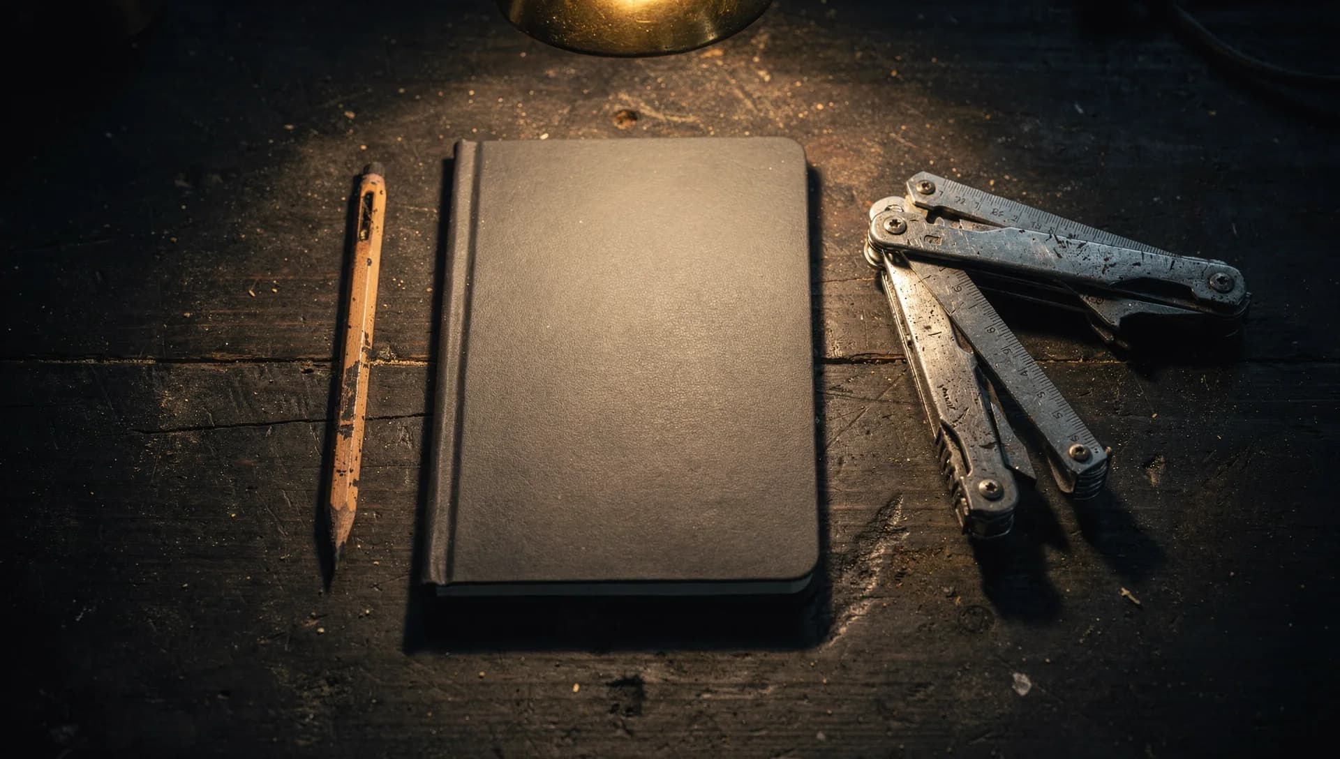 A graphite notebook and trade tools arranged under one warm desk lamp