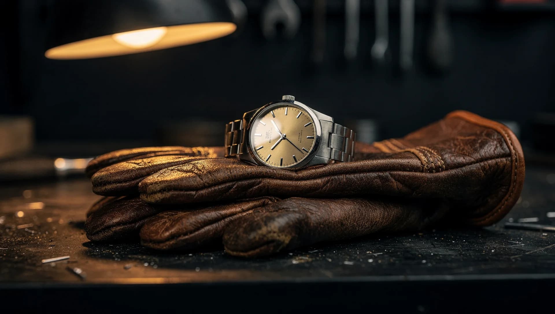 A wristwatch resting on folded leather work gloves under a workshop lamp