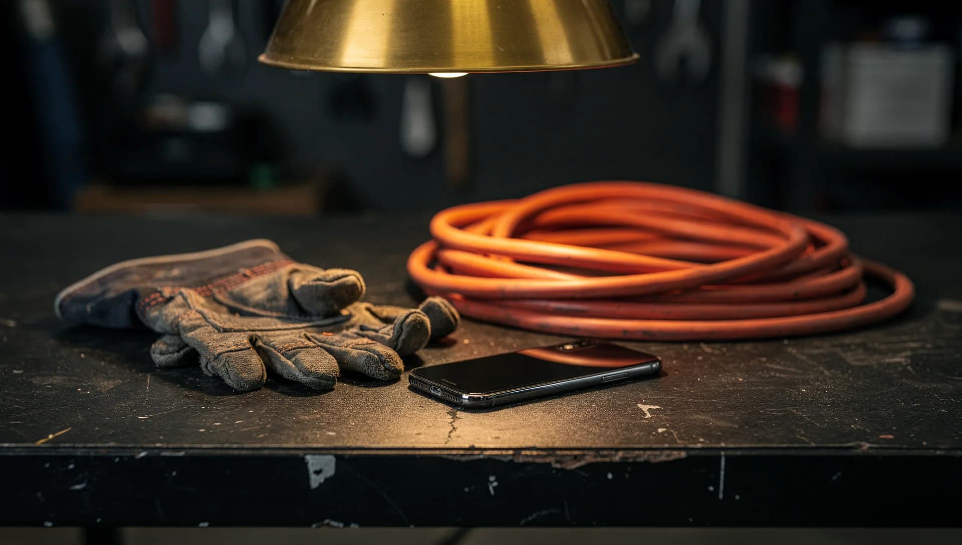 Work gloves and a phone on a matte-black bench under one gold pendant light