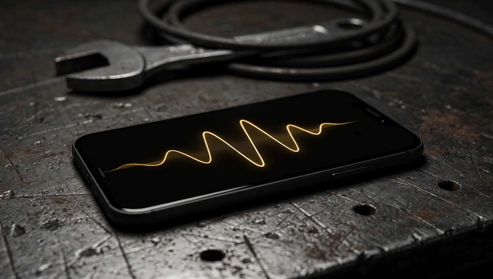 A matte-black phone lying on a scratched steel workbench, a gold waveform glowing across its screen, a wrench and a coiled cable behind it