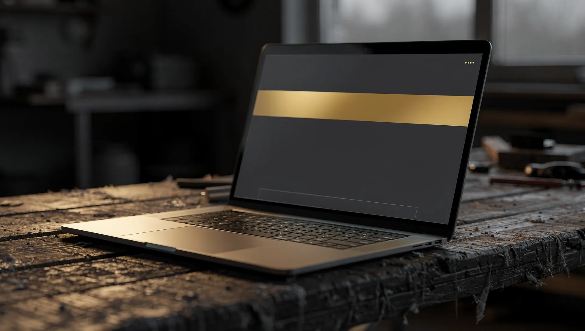 A laptop open on a scarred dark workbench by a window at dusk, its screen showing a dark page with one wide gold band