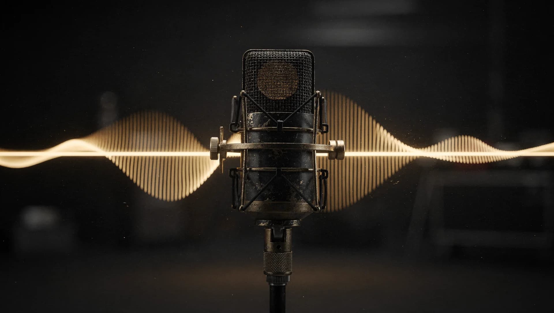 Studio microphone in graphite haze with a warm gold soundwave glow