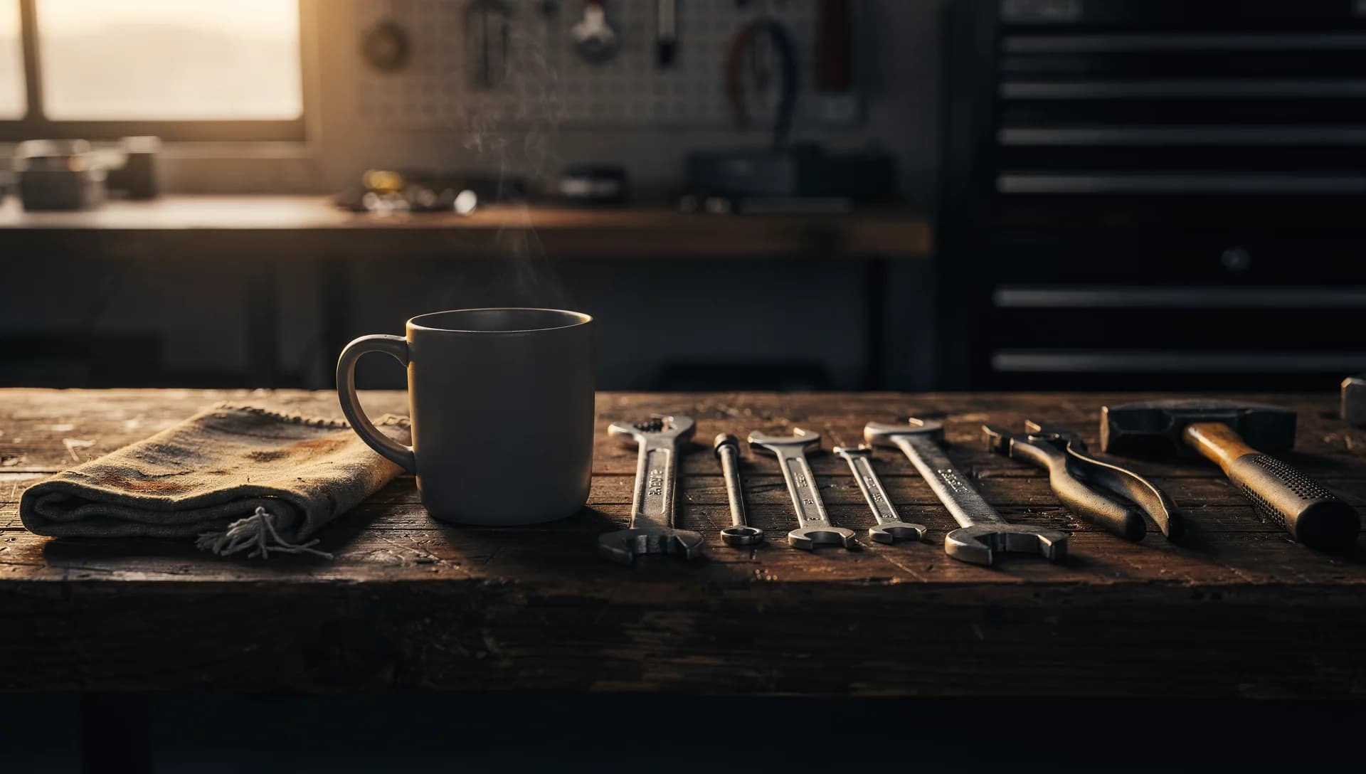 A steaming mug, shop rag, and row of wrenches on a dark workbench at end of day