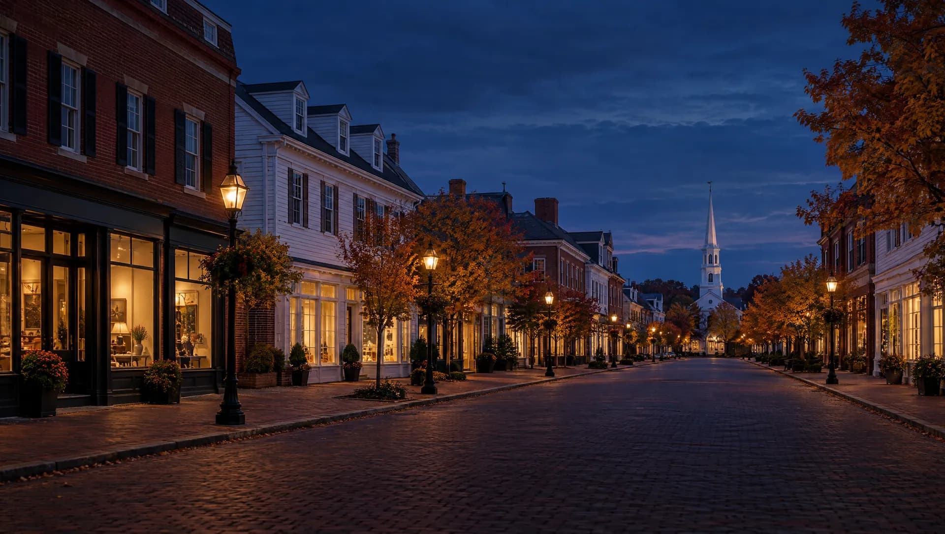 A restored New England main street at blue hour, lit brick and white clapboard shopfronts, iron lamp posts and autumn maples leading to a white steeple