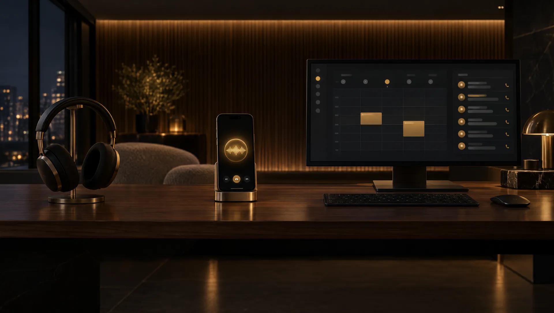 A phone on a brass stand showing a gold voice waveform mid-call beside a monitor with two gold booked blocks on a calendar and a call log, headphones on a stand