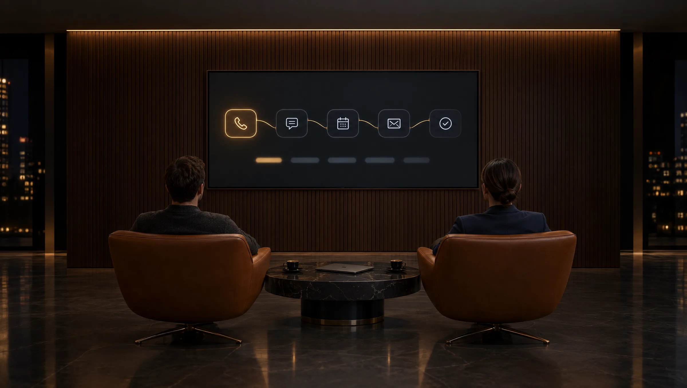 Two people in cognac leather lounge chairs, seen from behind, facing a wall display that maps a business in five linked steps from a glowing gold phone icon to a check mark, a marble table with two espressos and a closed laptop between them, a fluted walnut wall at night