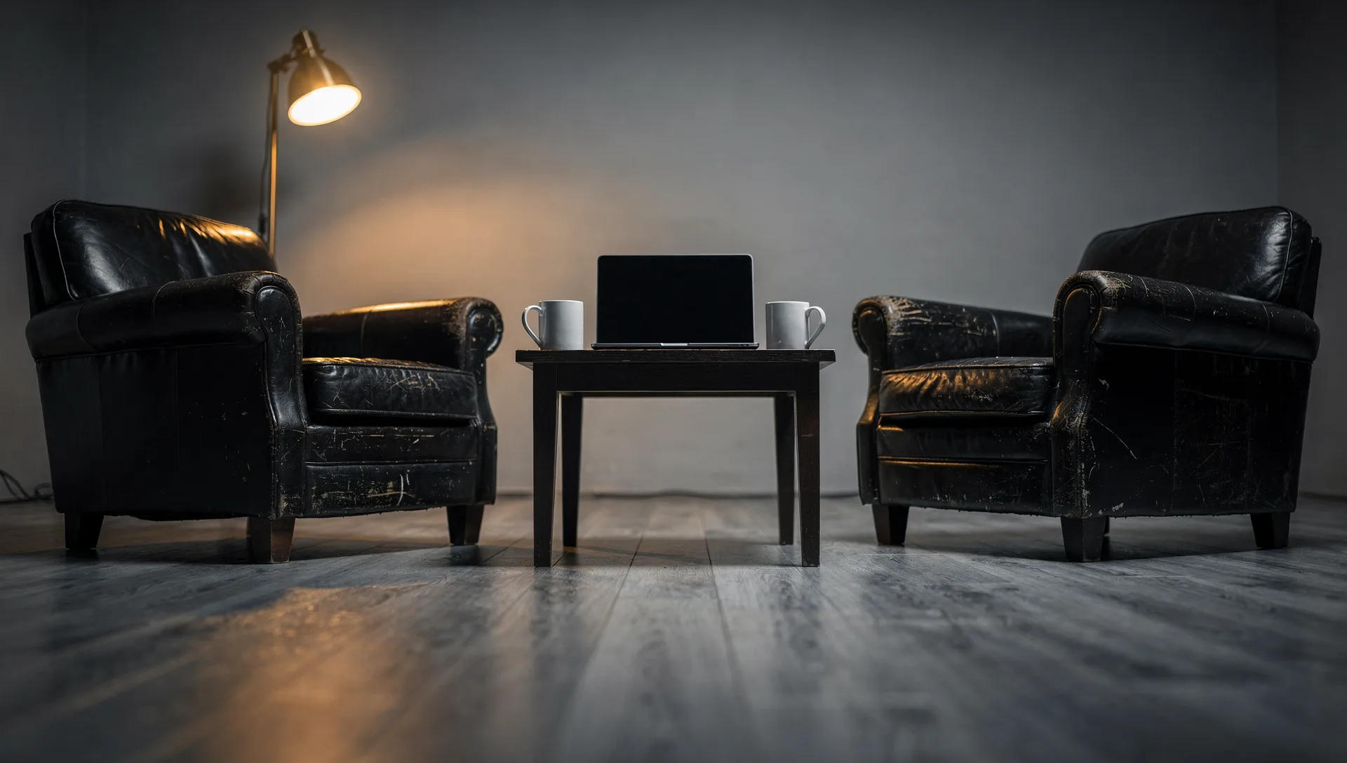 Two worn black leather armchairs facing each other across a small table holding a dark laptop and two white mugs, one floor lamp lit