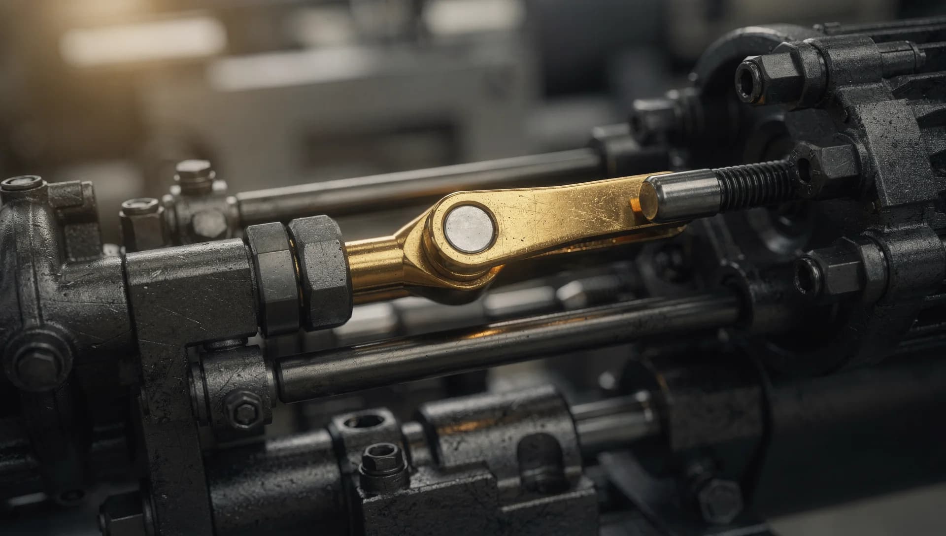 Dark mechanical linkage in graphite with one actuator lit in warm gold