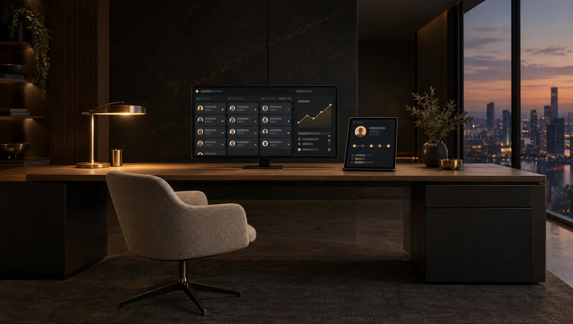 A walnut desk in a dark office at dusk, a monitor showing a grid of customer cards and a rising gold chart beside a tablet open on one customer profile, a brass lamp and a city window
