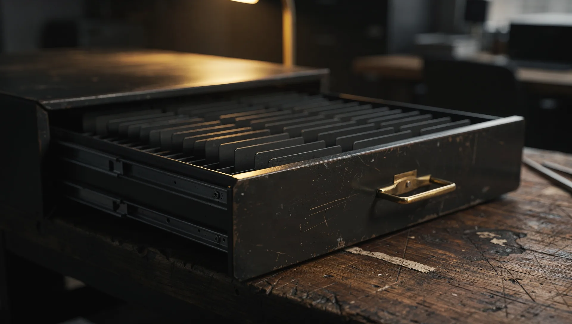 An open black steel card-file drawer with rows of blank dark tab dividers and a brass handle on a scarred wooden workbench under a lamp