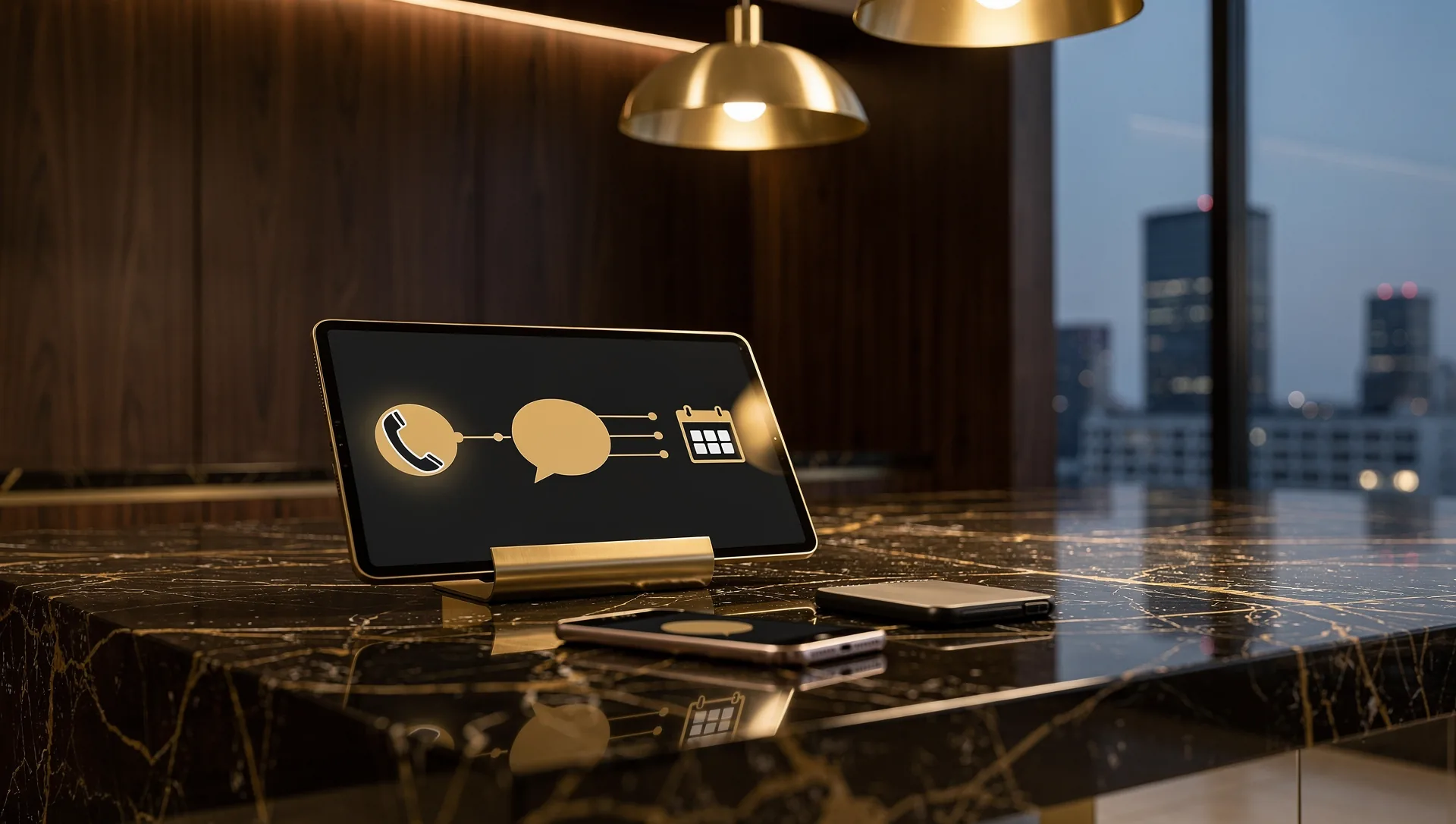 A tablet in a brass stand on a black and gold marble kitchen island showing a three-step workflow, a phone icon linked to a speech bubble and a calendar, a phone lying beside it under brass pendant lights, a city at dusk through the window