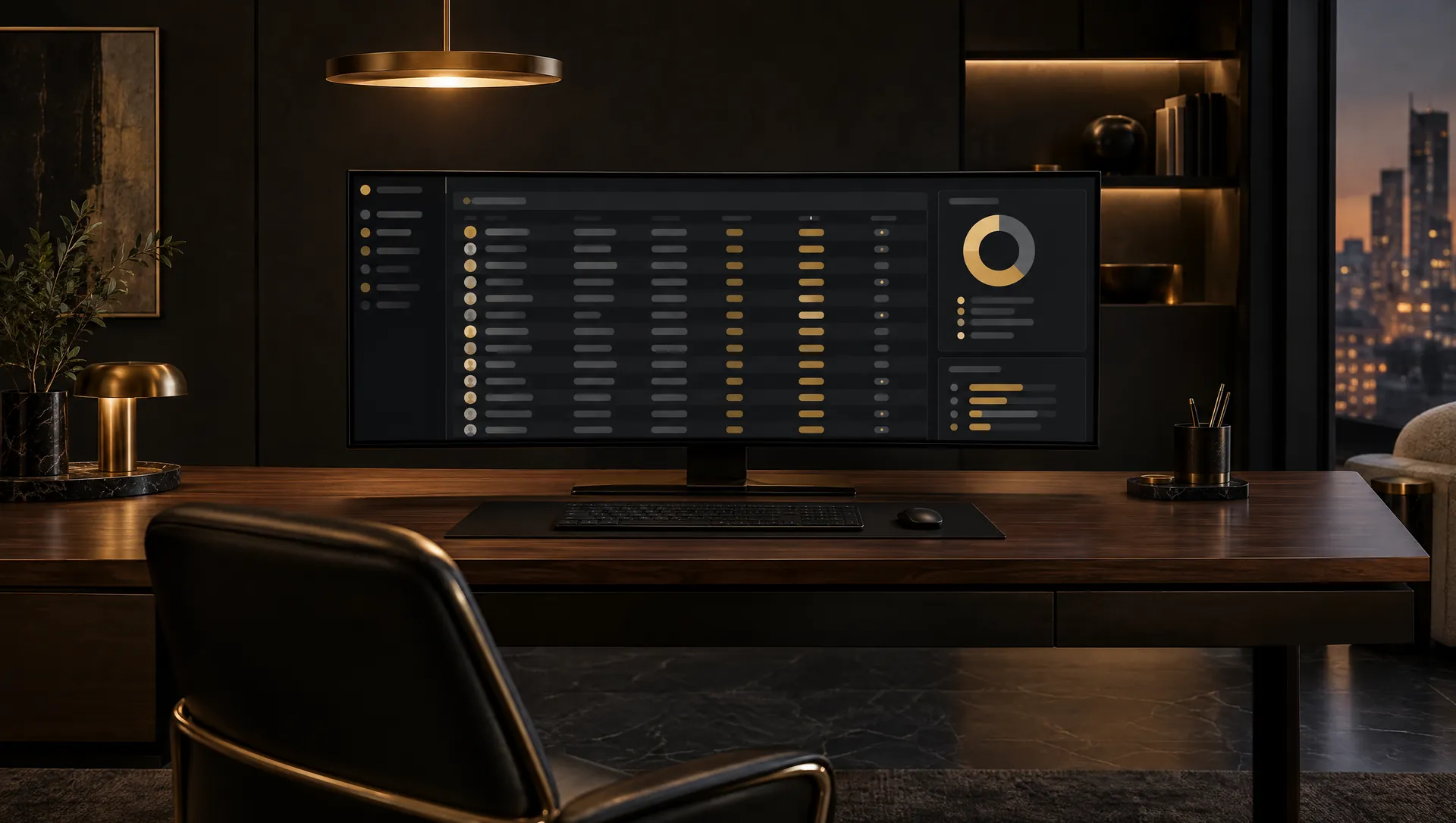 An ultrawide monitor on a walnut desk showing a business dashboard with gold status pills and a gold donut chart, brass lamps and a city skyline at dusk